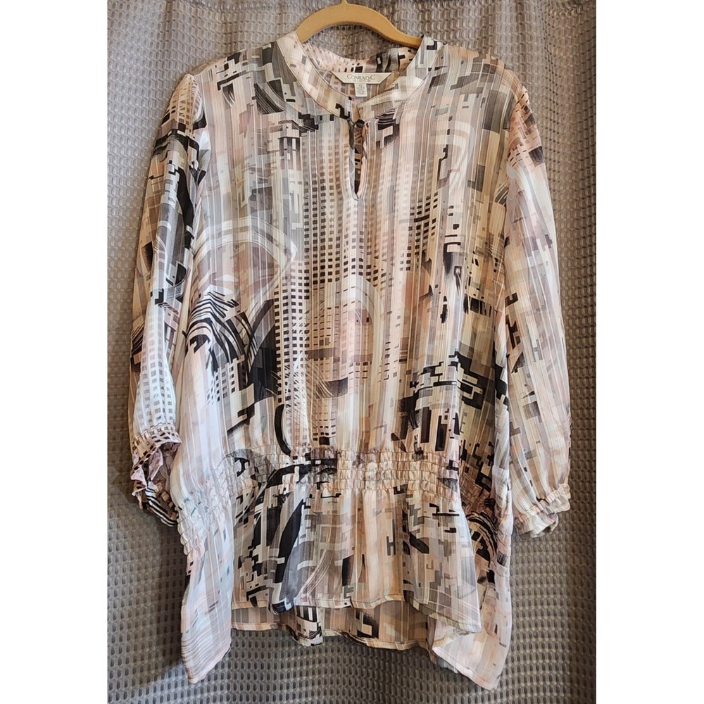 Conrad C Collection Abstract Print Blouse Size 10 Sheer Geometric Keyhole Top